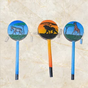 Handcrafted African tic-tac drum made of wood and shells, featuring painted African animals in a sunset design, handmade in Kenya.