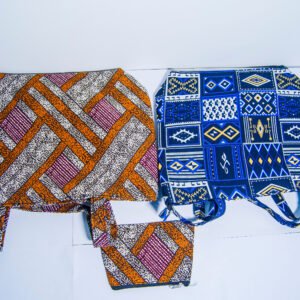 Two-piece Ankara bag set with bold African fabric patterns, including a large handbag and smaller pouch