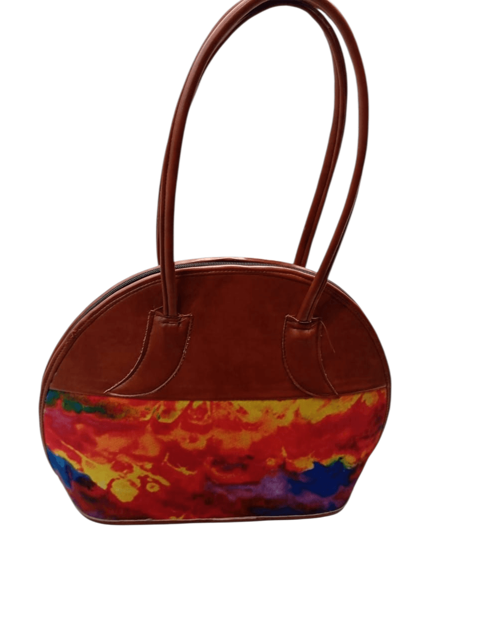 OVAL LEATHER KITENGE Oval-shaped leather handbag decorated with colorful African kitenge fabric