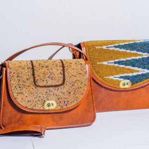 Handmade African square leather handbag with colorful beadwork