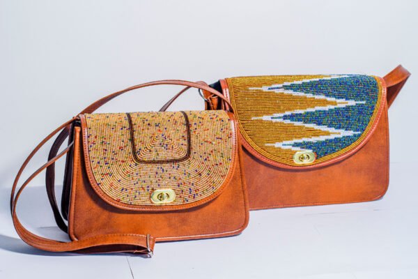 Handmade African square leather handbag with colorful beadwork