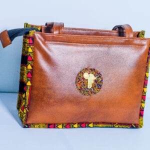 Medium landscape leather handbag with colorful African kitenge fabric
