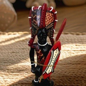 Detailed kneeling Maasai figurine handcrafted in African tribal style, available at Selections Souvenirs